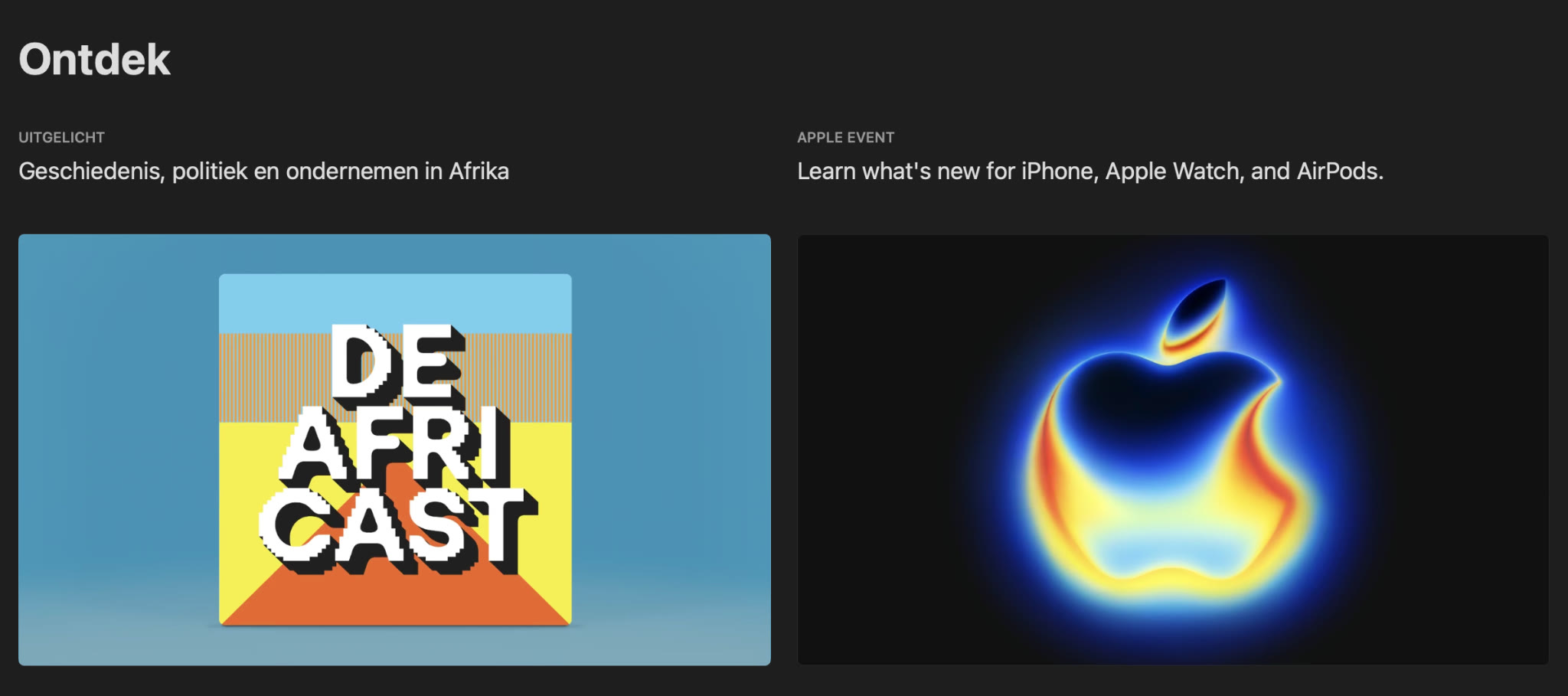 De Africast uitgelicht op de Ontdek-pagina van Apple Podcasts